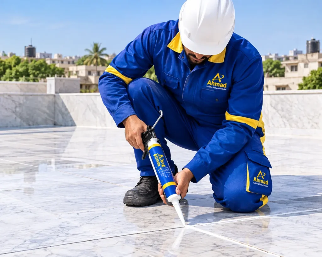 Applying flexible polyurethane elastomeric sealant into open marble roof joints using a caulking gun.