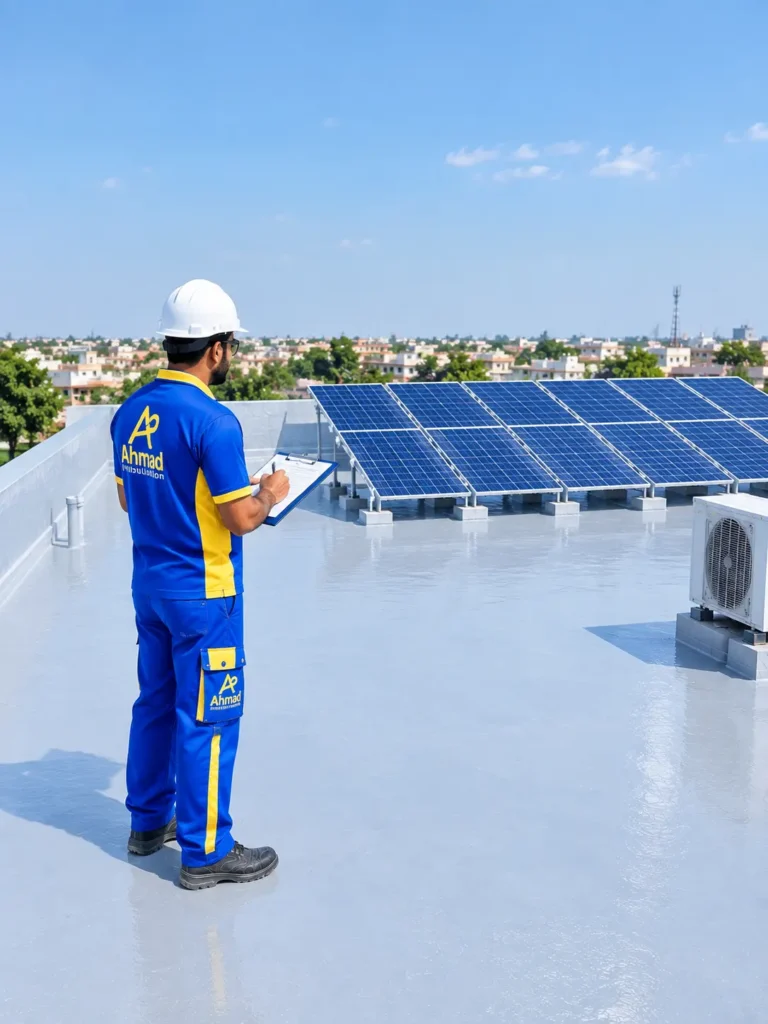 Worker inspecting roof after applying high quality Polyurethane PU chemical coating for roof waterproofing and leakage protection.