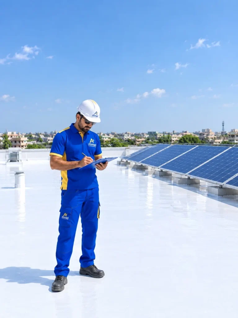 Qualified technician conducting final quality check and temperature measurement on completed roof heat proofing project