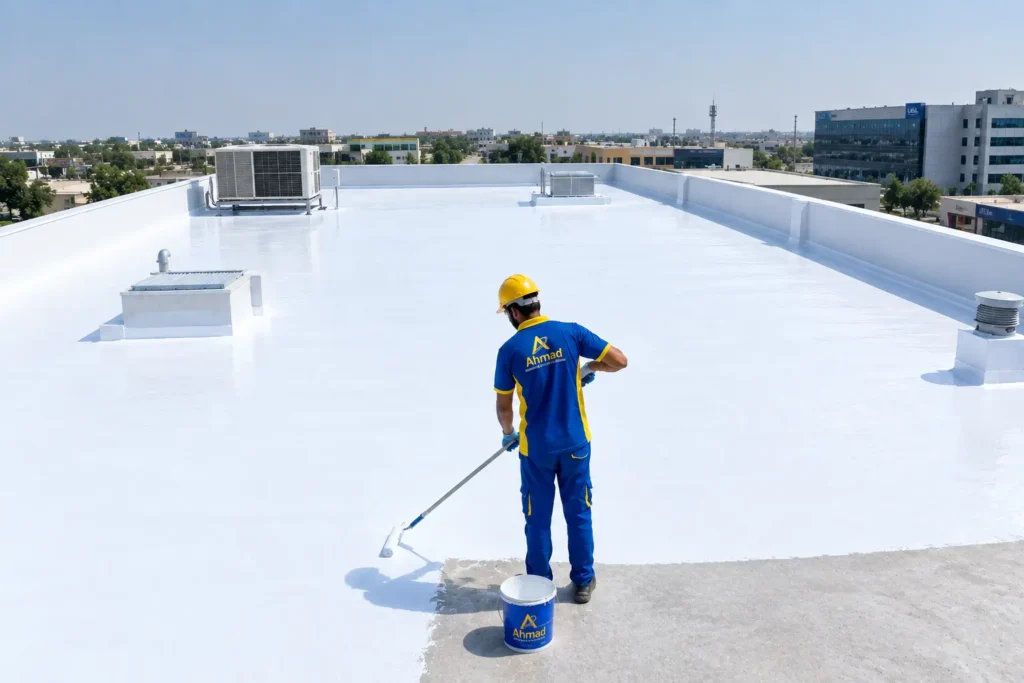 Skilled waterproofing team applying multi-layer thermal protective chemical coating on a residential roof slab.